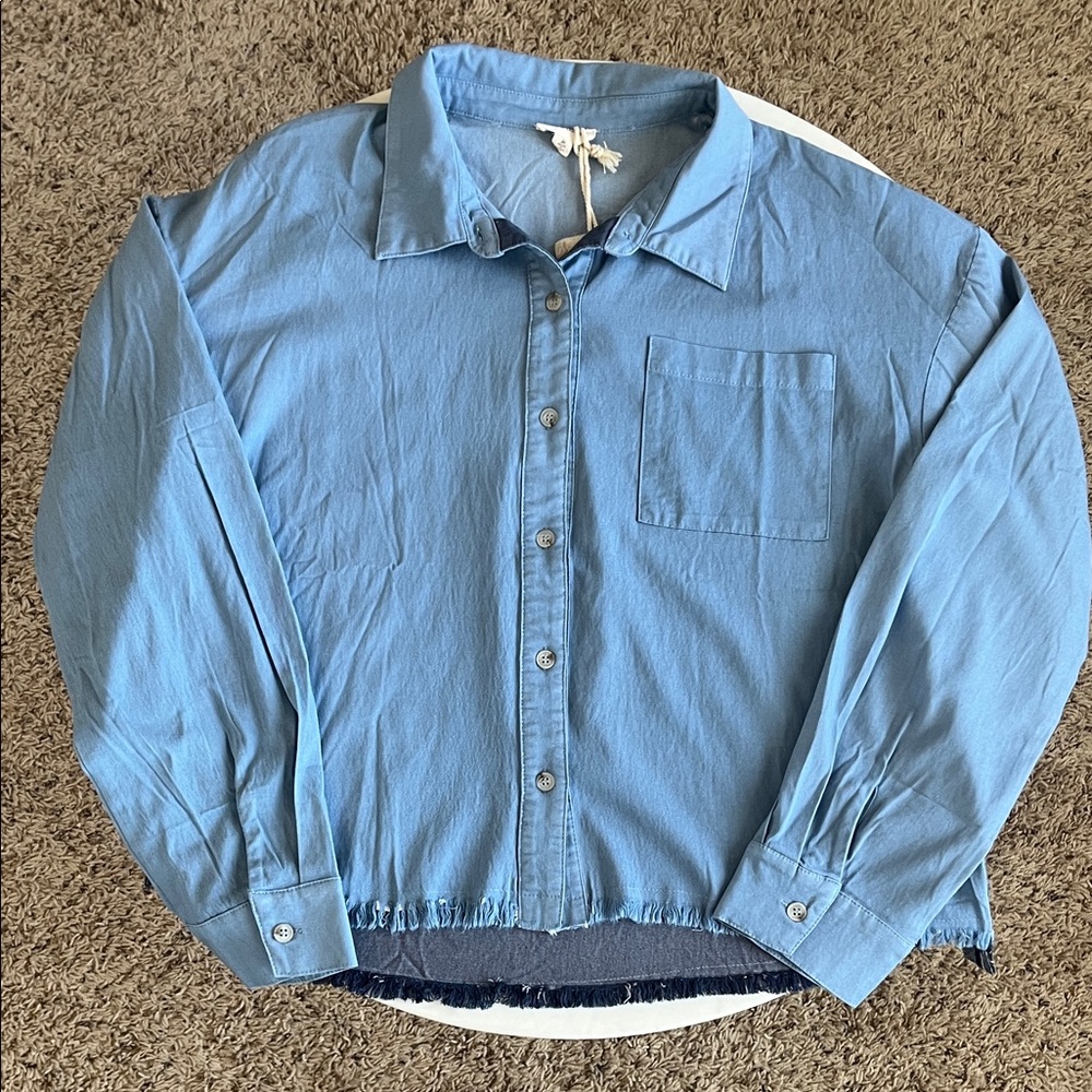Hem & Thread Button-Up Shirt Medium Two-Tone Blue Fringe Bottom Striped Trim